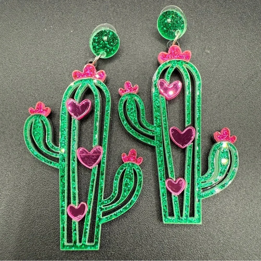 Green and Pink Cactus Earrings - Pierced - Picture 3 of 6